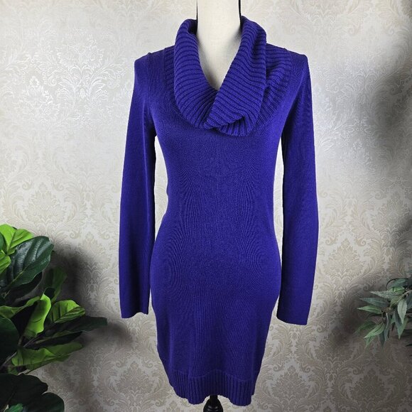 BCBGMaxAzria Size Small Blue Purple Sweater Dress Cowl/Turtleneck Long Sleeves - Picture 1 of 11